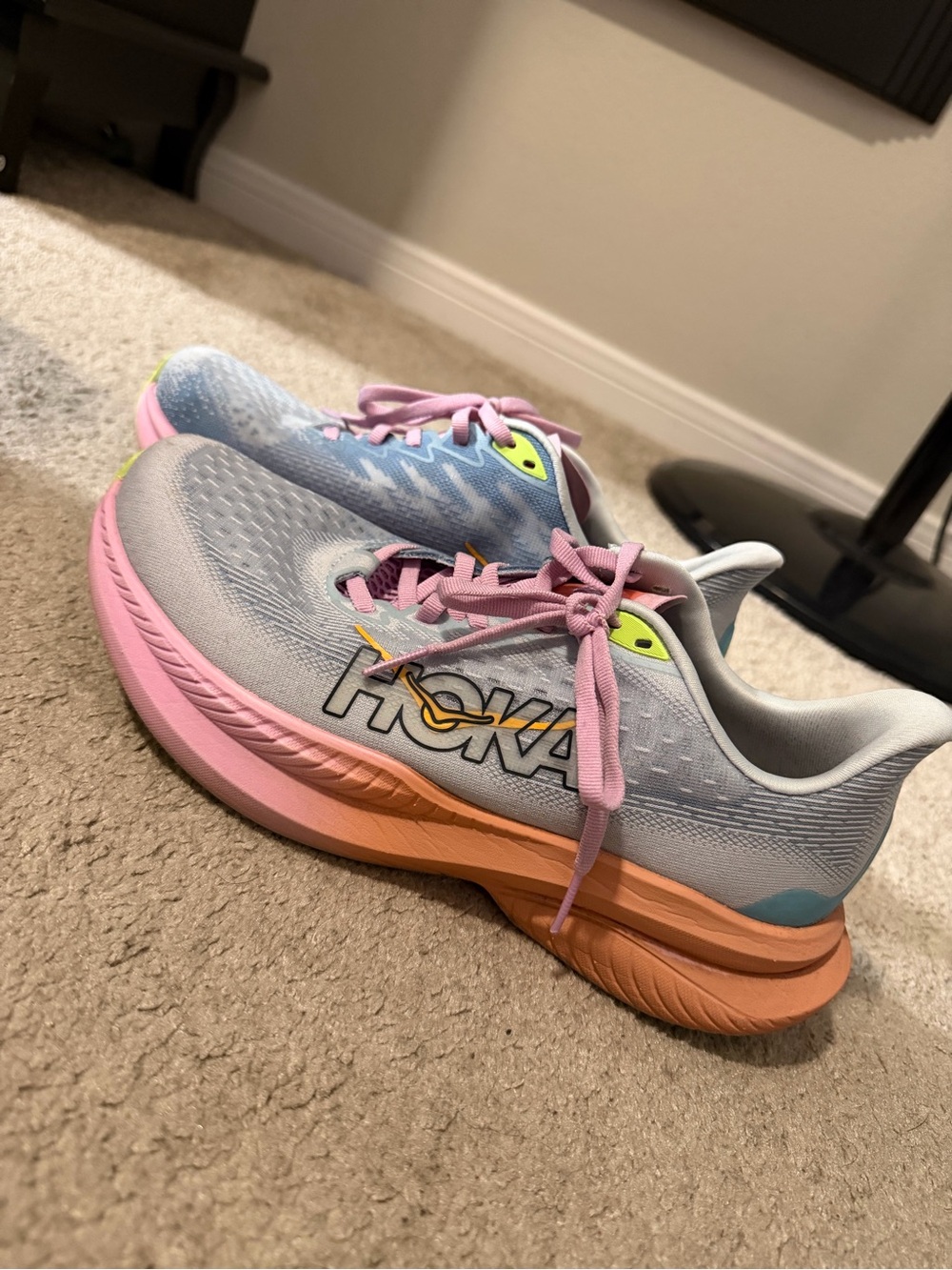 Hoka Women Light Blue Sneakers with Pink & Orange Accents